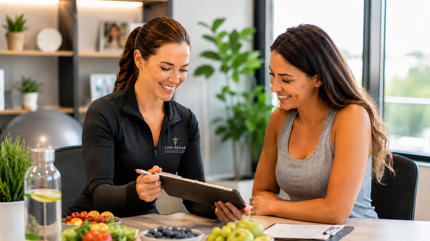 A Link Rehab wellness coach reviewing a nutrition plan with a smiling client at a bright table with fresh produce