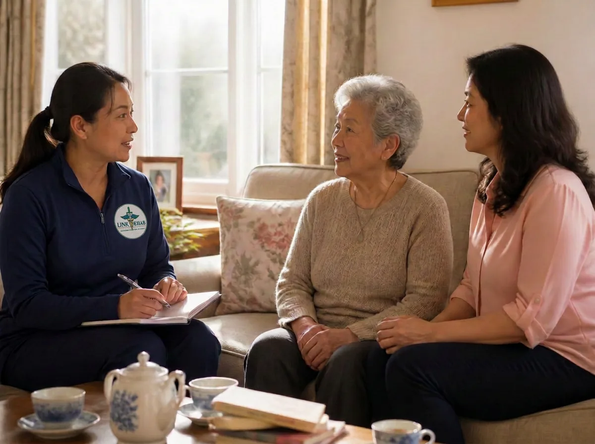 A clinician speaking with a patient & her daughter at home